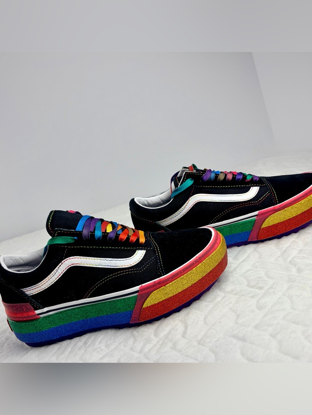 Rainbow Vans Old Skool Stacked Glitter platform Sneakers Womens 8.5 Mens 7